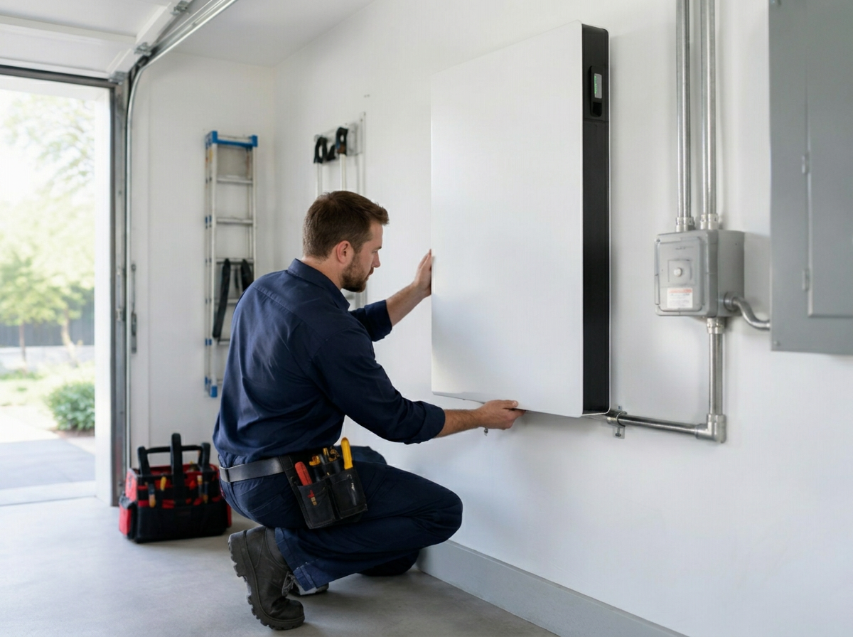Smart home battery installed on a garage wall
