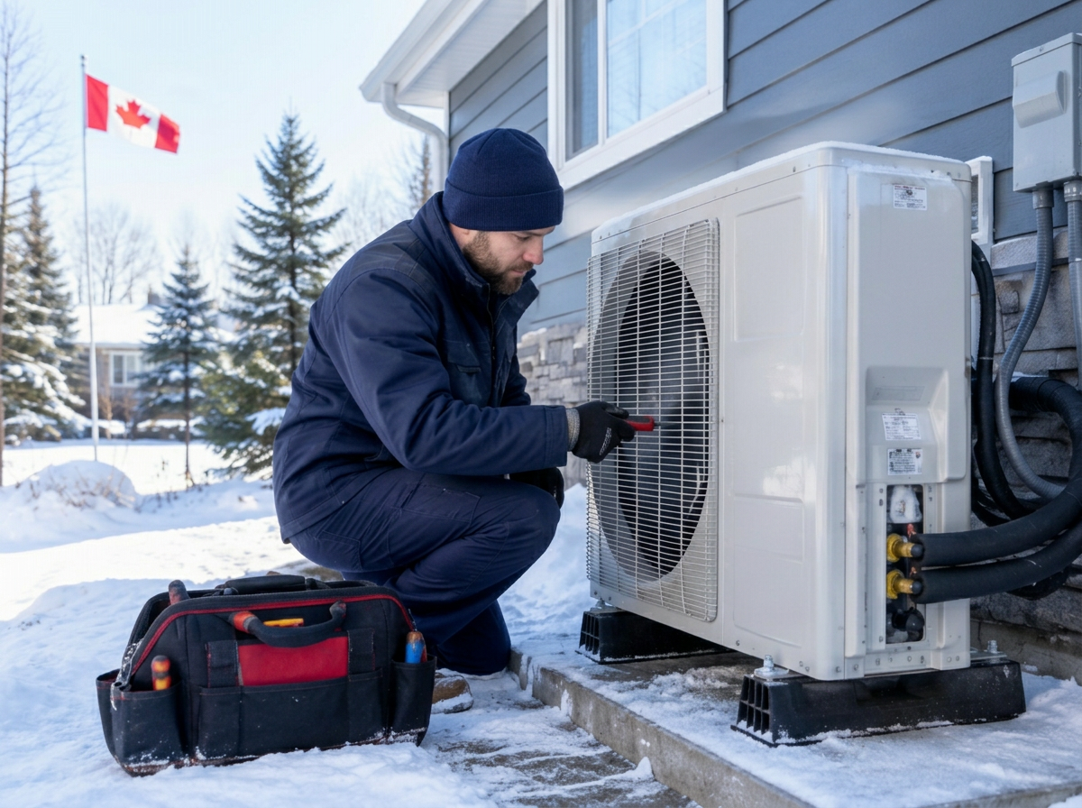 Cold-climate heat pump outdoor unit beside a home