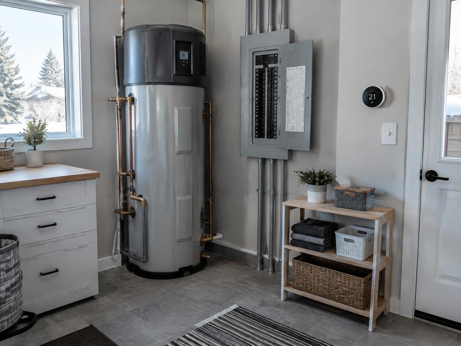Utility room with a heat pump water heater, electrical panel and smart thermostat