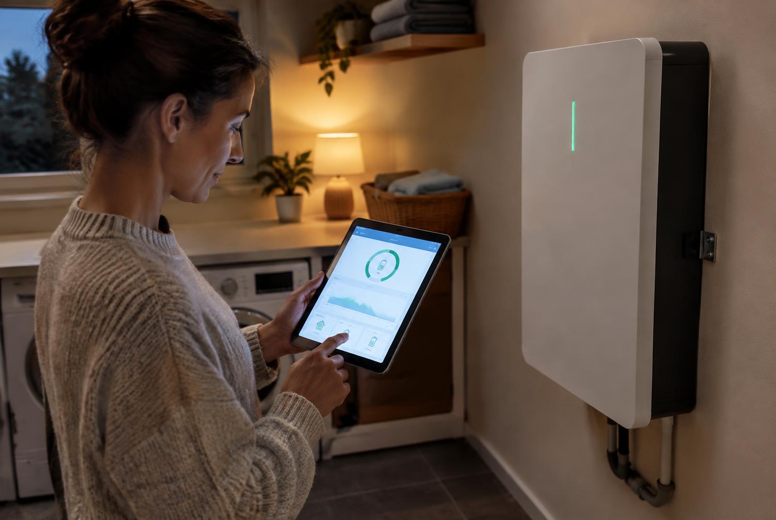 Homeowner checking a home battery app beside a wall-mounted battery