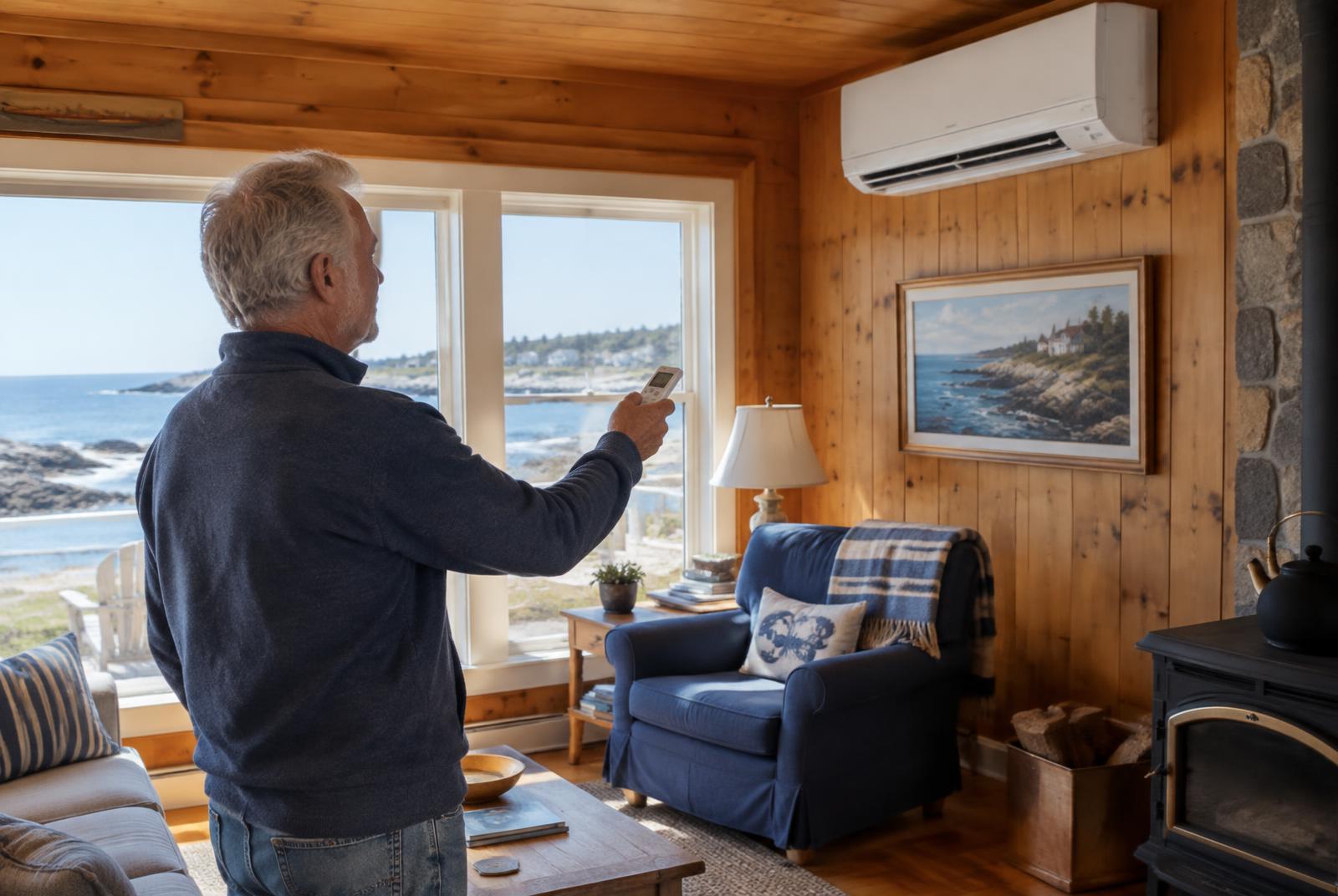 Homeowner adjusting a ductless heat pump in a coastal living room
