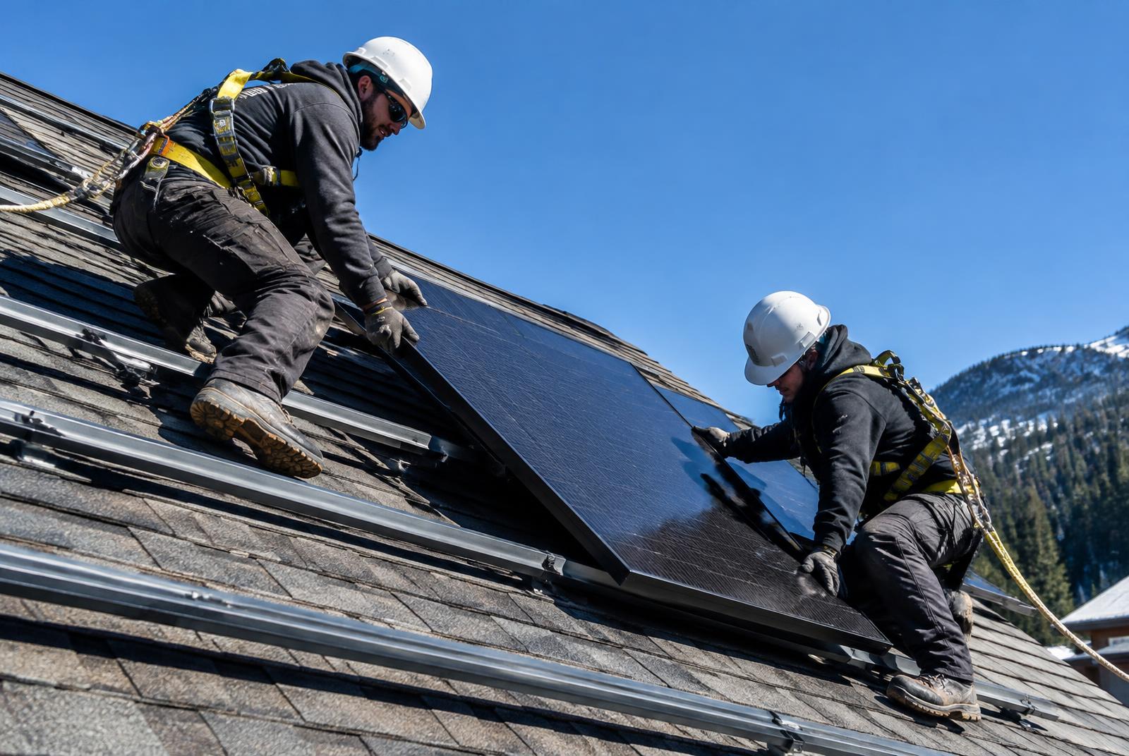 Installers mounting solar panels on a residential roof