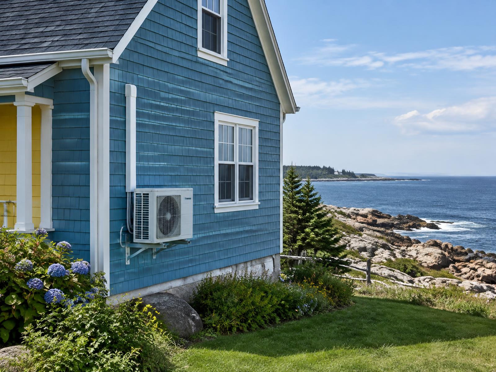 Nova Scotia coastal home with a ductless heat pump outdoor unit