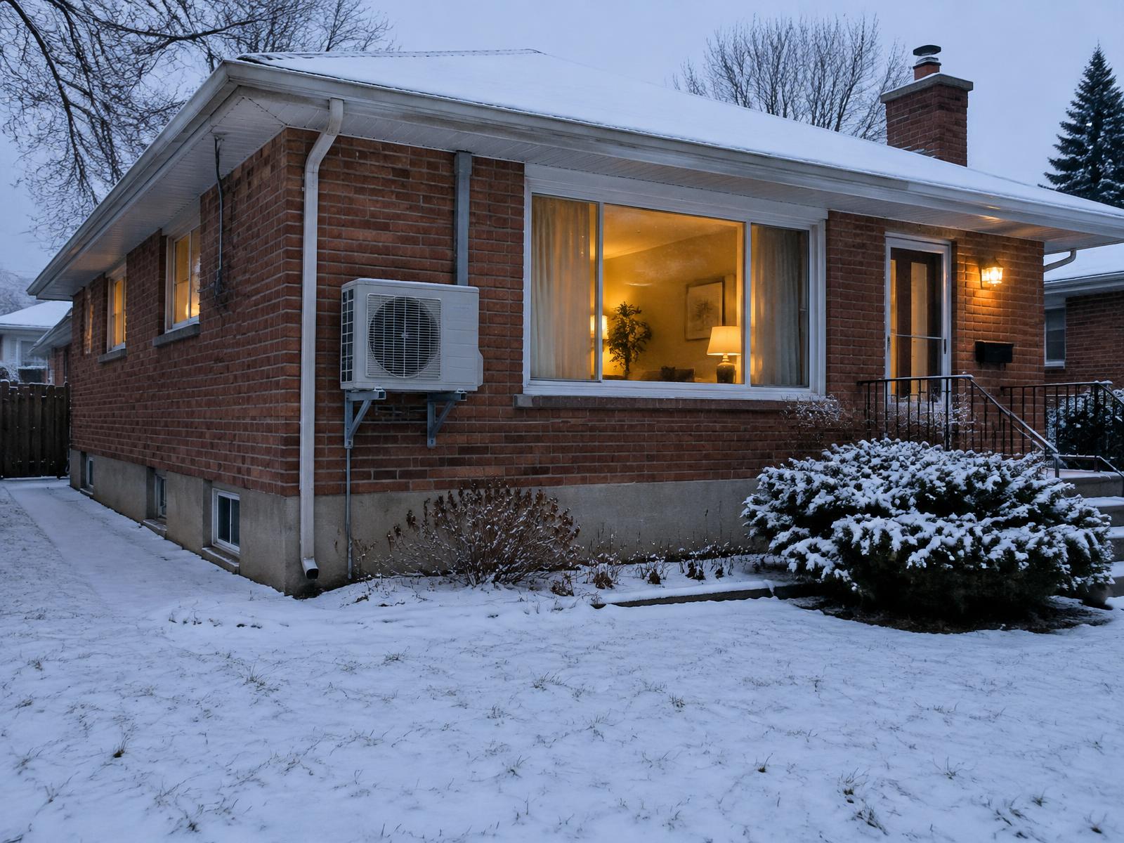 Ontario brick bungalow in winter with a cold-climate heat pump