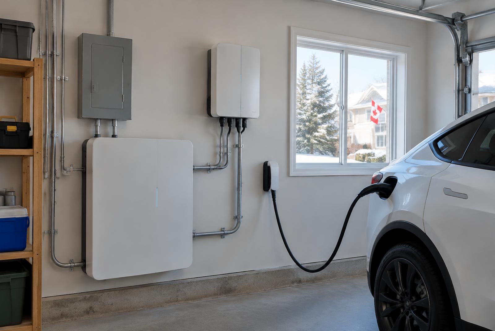 Wall-mounted home battery and inverter in a garage with an EV charging