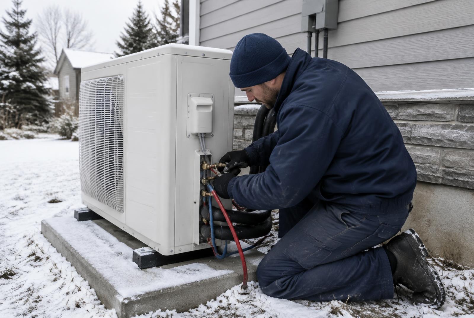 Technician connecting a cold-climate heat pump in winter