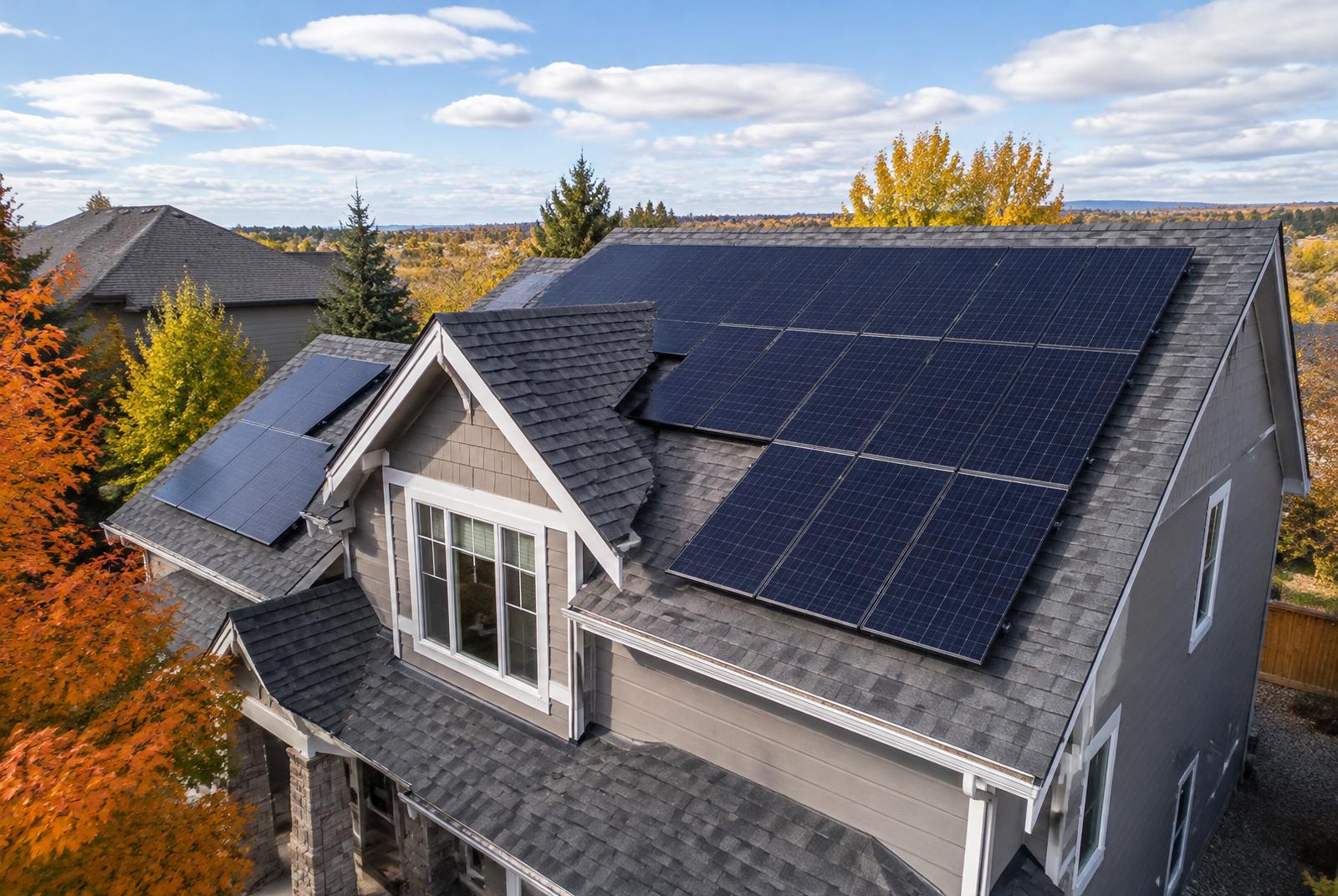 Solar panels on the roof of a Canadian home in autumn