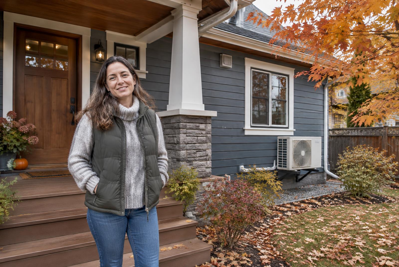 Homeowner outside her renovated home with a new ductless heat pump