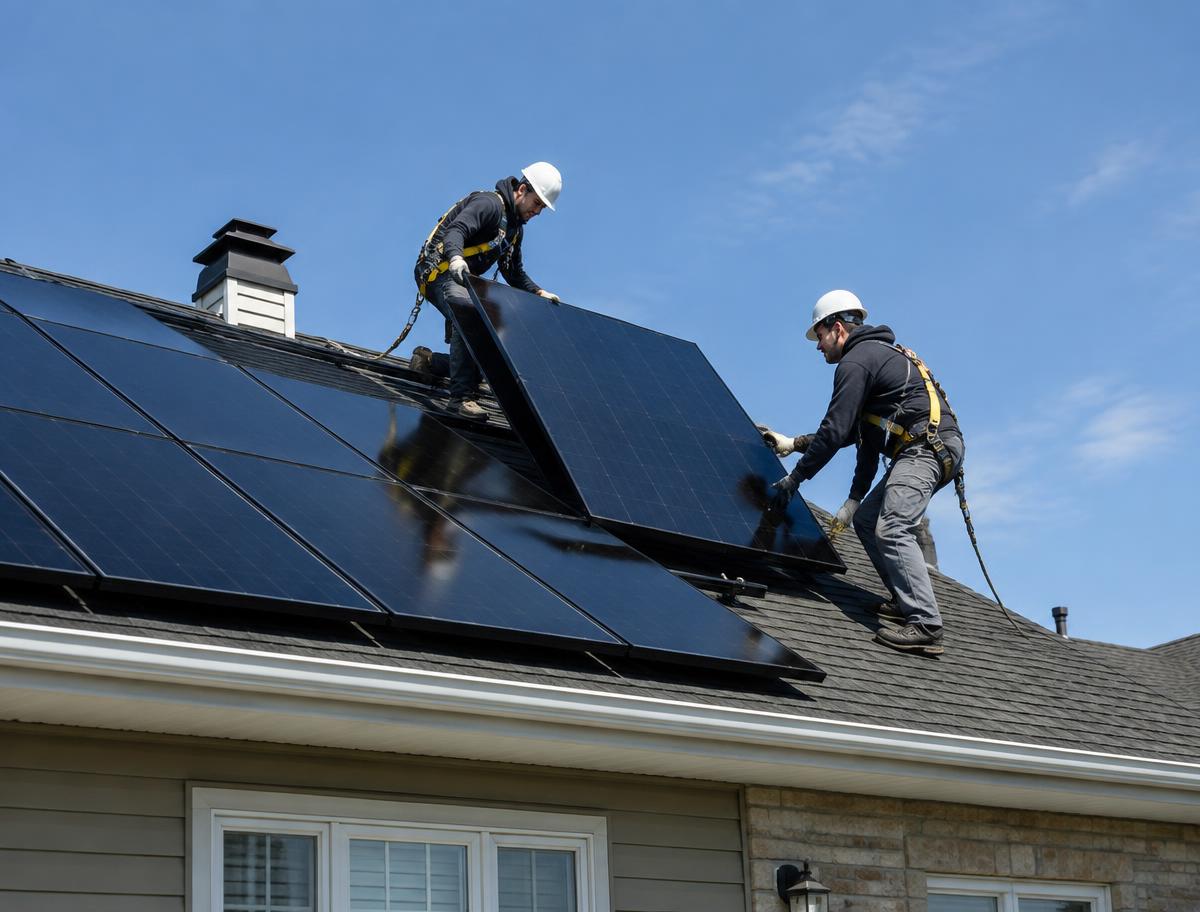 Installers mounting solar panels on a residential roof